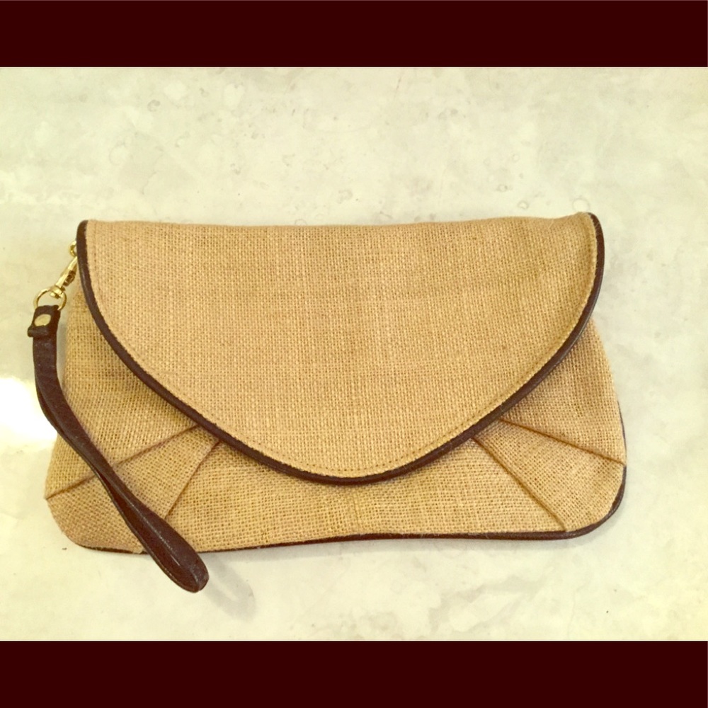 Burlap with black leather trim wristlet